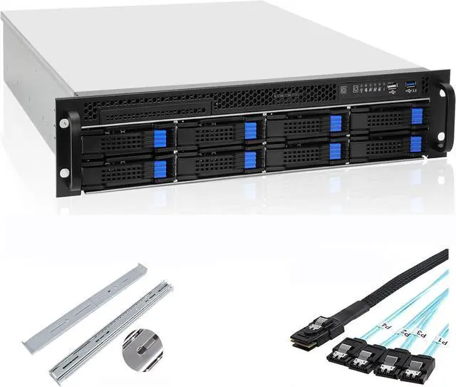 2U Server case 6Gbps hot swap 8 x3.5 Bays M-ATX/Mini-ITX Depth 21.5" Support ATX PSU Include Sliding Rail and Minisas to SATA Cables