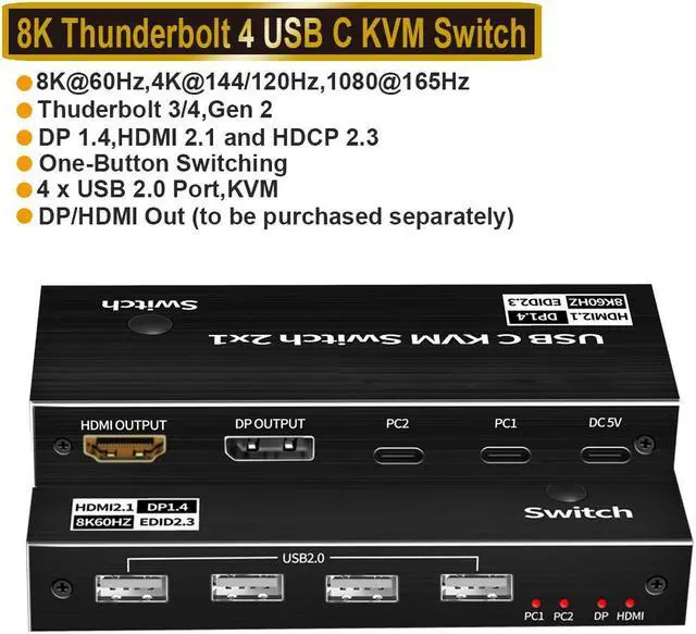2x1 8K Type-C KVM Switch for 2 PC Share 1 Monitors KVM USB C Switcher Support HDMI and DP Monitor Output 2PC Share 4 USB Devices 2 USB-C Cables Included