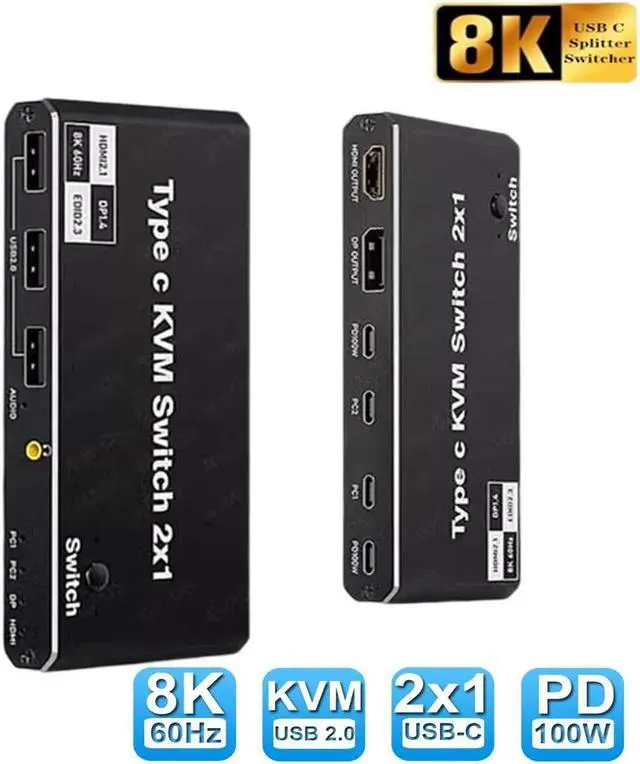 2x1 8K Type-C KVM Switch for 2 PC Share 1 Monitors KVM USB C Switcher 100W PD Support HDMI/DP Monitor Output 2PC Share 3 USB Devices+3.5mm Jack 2 USB-C Cables Included