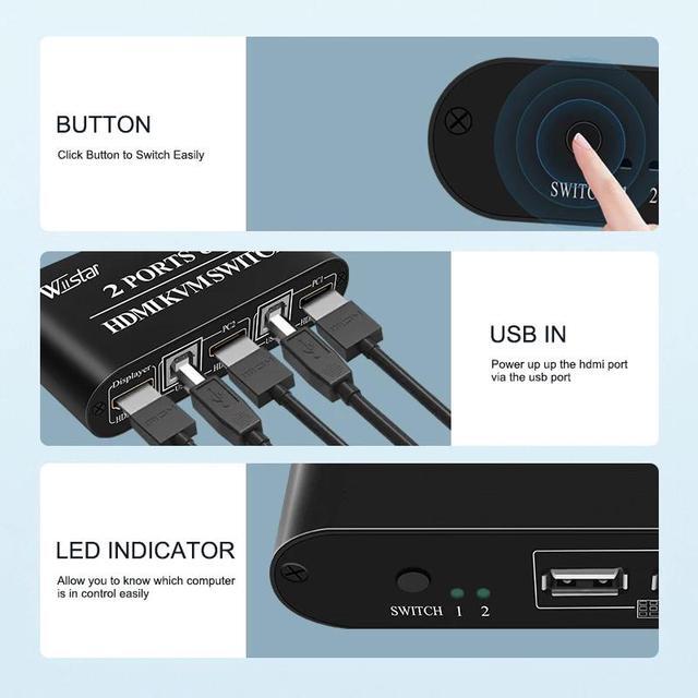 2X1 HDM KVM Switch Box Selector HDMI Switch 2 In 1 Out Sharing USB 2.0 Monitor Mouse Keyboard For 2 Computer Laptops PCs(only Kvm)