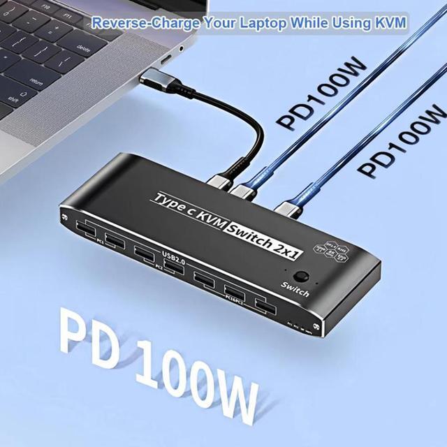 2x1 Type-C KVM Switch 8K 60Hz 2 In 1 Out 2 Ports 8K Thunderbolt 4 USB C KVM Switch With Ethernet RJ45 100W PD Charge 3.5mm Audio Jack Type C KVM Switch Switcher For 2 Computer 1 Monitor Smart EDID