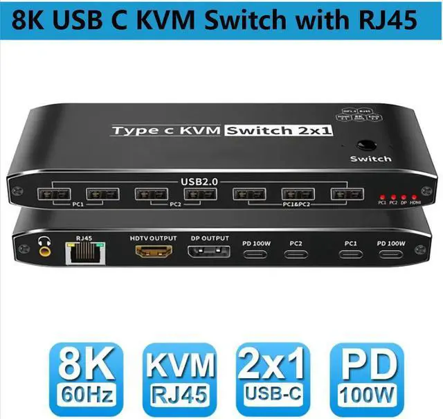 2x1 Type-C KVM Switch 8K 60Hz 2 in 1 Out 2 Ports 8K Thunderbolt 4 USB C KVM Switch with Ethernet RJ45 100W PD Charge 3.5mm Audio Jack Type C KVM Switch Switcher for 2 Computer 1 Monitor Smart EDID
