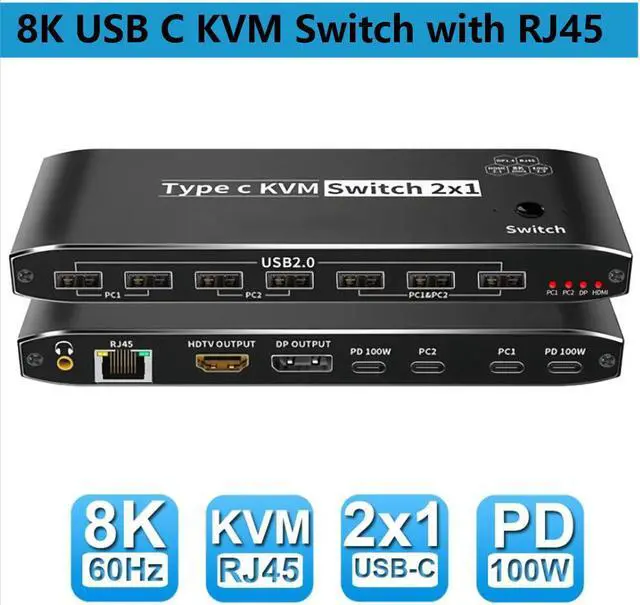 2x1 Type-C KVM Switch 8K 60Hz 2 in 1 Out 2 Ports 8K Thunderbolt 4 USB C KVM Switch with Ethernet RJ45 100W PD Charge 3.5mm Audio Jack Type C KVM Switch Switcher for 2 Computer 1 Monitor Smart EDID