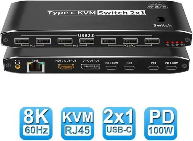 2x1 Type C KVM Switch 8K Thunderbolt 4 USB C KVM Switch with Ethernet Port RJ45 100W PD Charge 4K 144Hz Type C KVM Switch Switcher for 2 Computer 1 Monitor