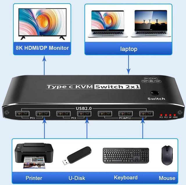 2x1 Type C KVM Switch 8K Thunderbolt 4 USB C KVM Switch With RJ45 3.5mm Jack 100W PD Charge 4K 120Hz USB C To HDMI DP KVM Switch For 2 Computer Share 1 Monitor Keyboard Mouse 5 X USB 2.0 Device