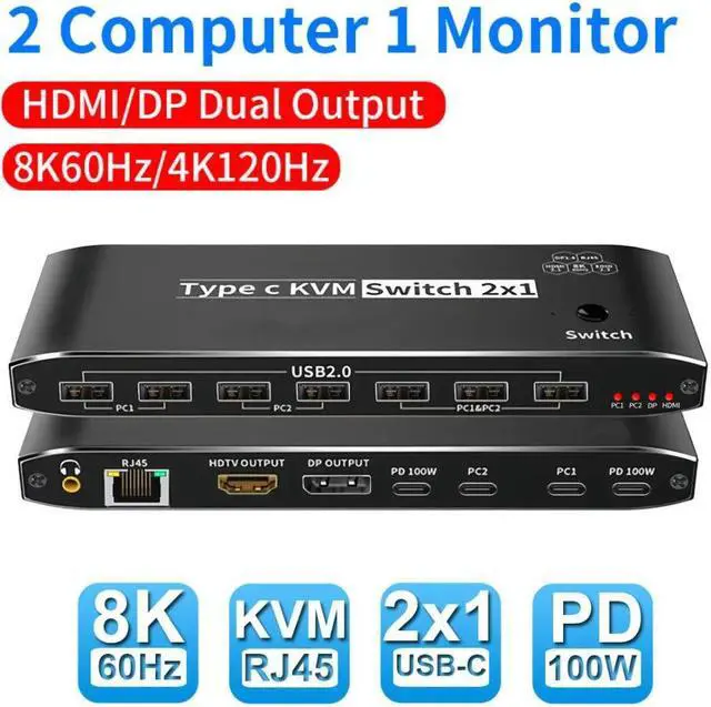 2x1 Type C KVM Switch 8K Thunderbolt 4 USB C KVM Switch with RJ45 3.5mm Jack 100W PD Charge 4K 120Hz USB C to HDMI DP KVM Switch for 2 Computer Share 1 Monitor keyboard Mouse 5 x USB 2.0 Device