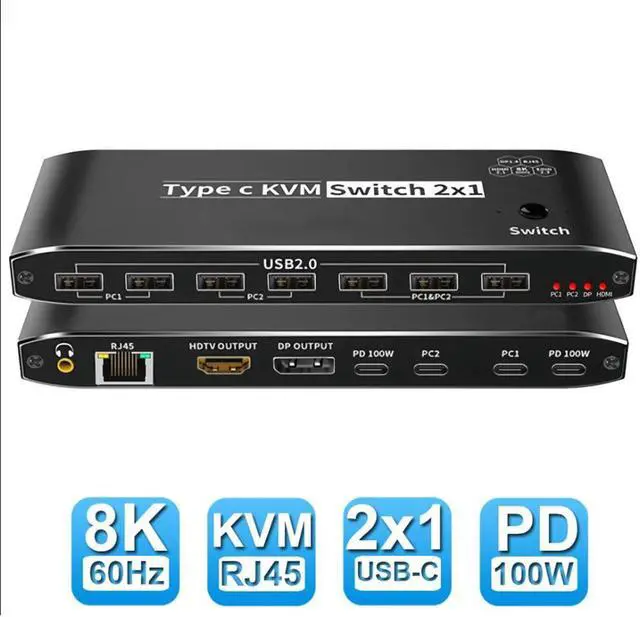 2x1 Type C KVM Switch 8K Thunderbolt 4 USB C KVM Switch with Ethernet Port RJ45 100W PD Charge 4K 144Hz Type C KVM Switch Switcher for 2 Computer 1 Monitor