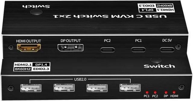 2X1 USB-C KVM Switch 2 PCs Share 1 Monitor and 4 USB Devices 8K 60Hz USB C KVM Switch 2 Channel Type C PC to one HDMI/DP Output and 4 USB Devices with 2 Type-C Cables