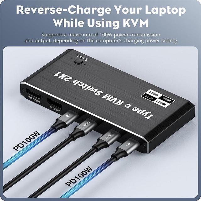 2x1 USB C KVM Switch 8K 60Hz 2 Port Type C KVM Switch For 2 Computers Share 1 Monitor 2 Type C In HDMI + DP Out USB C KVM Switch With 3 USB 2.0 Ports & 100W Power Delivery 2 USB-C Cables Included