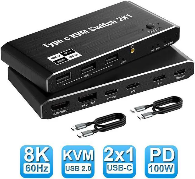 2x1 USB C KVM Switch 8K 60Hz 2 Port Type C KVM Switch for 2 Computers Share 1 Monitor 2 Type C in HDMI + DP Out USB C KVM Switch with 3 USB 2.0 Ports & 100W Power Delivery 2 USB-C Cables Included