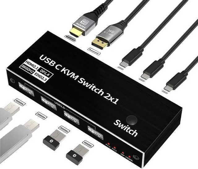 2x1 USB C KVM Switch 8K 60Hz 4K 120Hz 2 Port Type C KVM Switch for 2 Computers Share 1 Monitor (HDMI or DP Output) USB C KCM with 4 USB 2.0 Ports 2 USB-C Cables Included