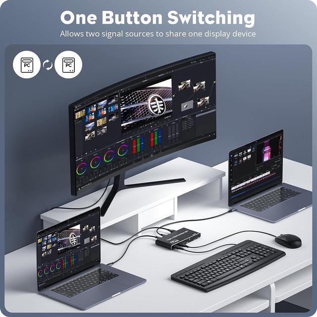 2x1 USB C KVM Switch 8K 60Hz 4K 120Hz 2-Port Type C To HDMI Or DP Monitor KVM Switch For 2 Laptops Share 1 Monitor And 3 USB Devices & 100W Power Delivery 2 USB-C Cables Included