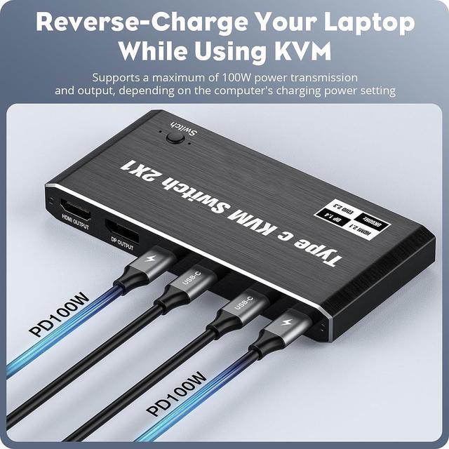 2x1 USB C KVM Switch 8K 60Hz 4K 120Hz 2-Port Type C To HDMI Or DP Monitor KVM Switch For 2 Laptops Share 1 Monitor And 3 USB Devices & 100W Power Delivery 2 USB-C Cables Included