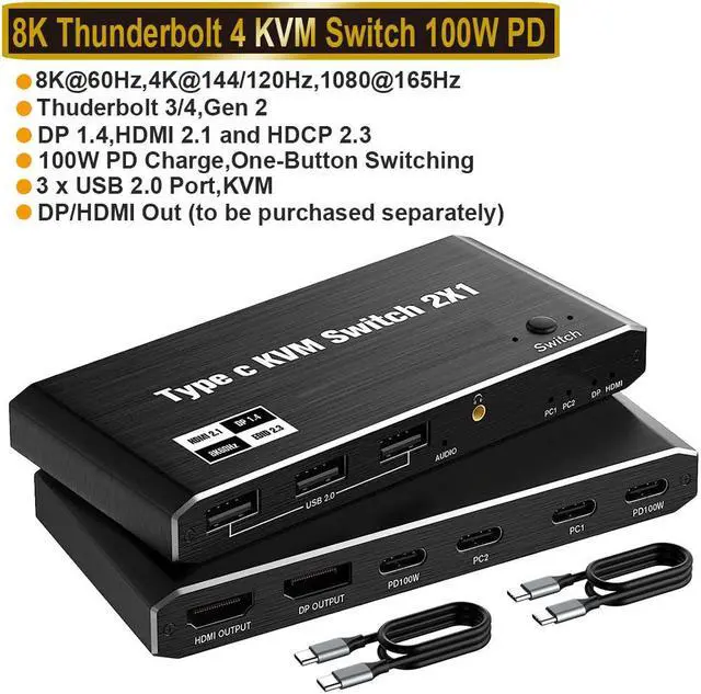 2x1 USB C KVM Switch 8K 60Hz 4K 120Hz 2-Port Type C to HDMI or DP Monitor KVM Switch for 2 Laptops Share 1 Monitor and 3 USB Devices & 100W Power Delivery 2 USB-C Cables Included