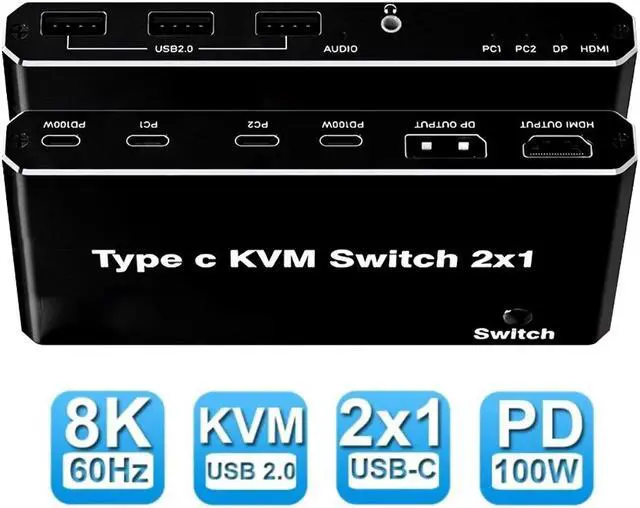 2x1 USB C KVM Switch 8K 60Hz 4K 120Hz 2 Port Type C KVM Switch for 2 Computers Share 1 Monitor (HDMI or DP Output) 2Port 100 W Power Delivery USB C KCM with 3 USB Ports + 3.5mm Audio Output