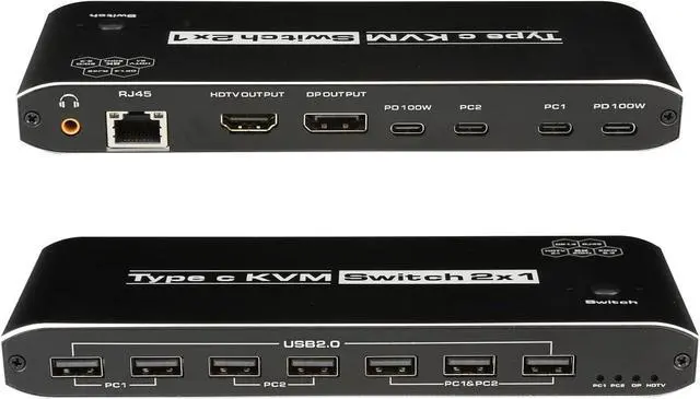 2x1 USB-C KVM Switch 8K USB C KVM Switch 100W PD for 2 Computers Sharing 7 Ports Mouse Keyboard Printer + 3.5mm Audio + Ethernet to One HD Monitor For Computers Laptops Game Consoles