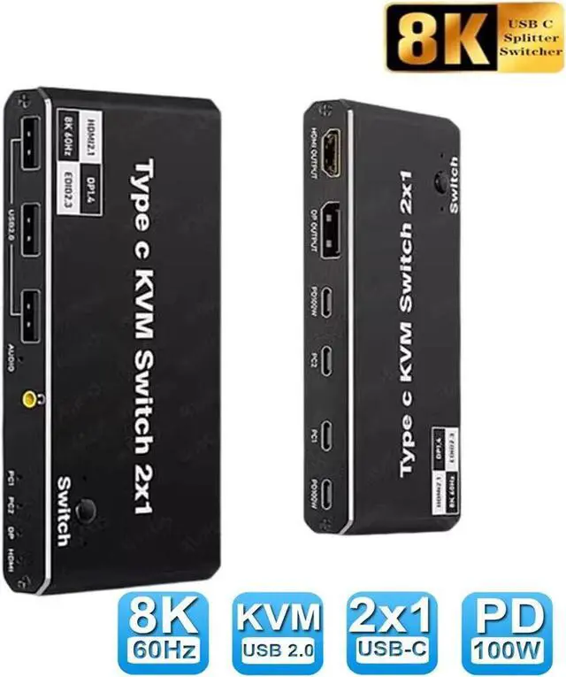 2x1 USB-C KVM Switch HDMI DP KVM Switch USB Switch 100W D for 2 Computers Sharing Mouse Keyboard Printer + 3.5mm Audio to One HD Monitor Support 8K 60Hz 2 USB-C Cables Included