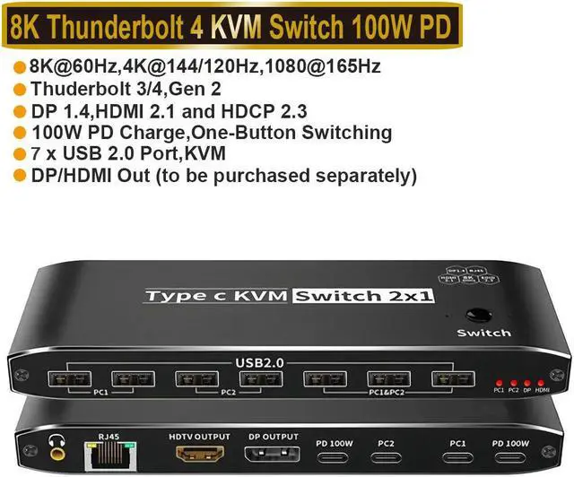 2x1 USB-C KVM Switch Selector 2-Port 100W PD for 2 Computers Share Keyboard Mouse Printer and 1 HD 8K Monitor with 7 USB 2.0 Ports + 3.5mm Audio + Ethernet for Sharing Keyboard Mouse U Disk