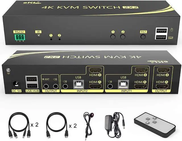 2x2 4K HDMI KVM Switch 2 in 2 Out Dual Monitor Extended Display 4K 60Hz 4:4:4 with Audio and USB 2.0 Hub Sharing PC Monitor Keyboard Mouse Switcher