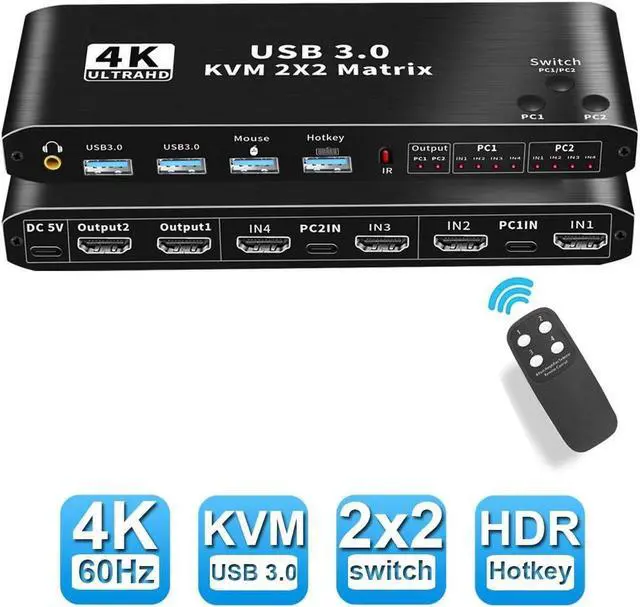 2X2 4K HDMI Matrix KVM Switch for 2PC Share 2 Monitor and One Keyboard Mouse and two USB3.0 Port 4K 60Hz hotkey Support One-button switch/Hotkey switch RGB 4:4:4 USB Hub Audio