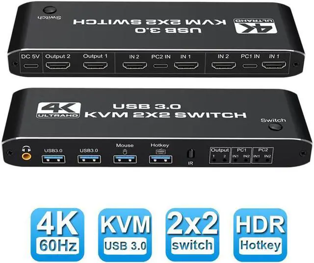 2x2 Dual Monitor HDMI KVM Switch 2 in 2 Out 4K 60Hz 2 Port Dual Monitor USB 3.0 KVM Switch 1080P USB KVM Switcher HDMI with USB 3.0 port