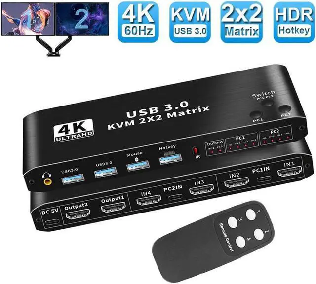 2x2 HDMI KVM Matrix Switch 2 in 2 Out Dual Monitor HDMI + USB-C 4K 60Hz KVM Switch 2 Monitors 2 Computers with Keyboard Mouse Output and 2 USB 3.0 Ports PC Monitor Keyboard Mouse Switcher