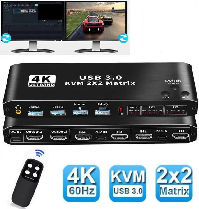 2x2 HDMI KVM Matrix Switch 2 Monitors 2 Computers 4K 60z 2 PC 2 Monitor KVM Switch Dual Monitor HDMI USB 3.0 KVM 2x2 Matrix Switch 2 in 2 Out Support HDCP2.2 Hotkey Extended And Mirror Display