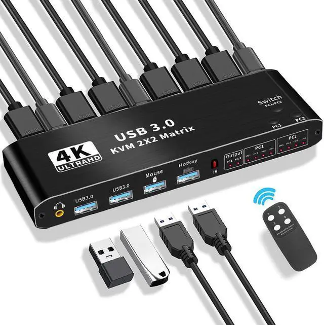 2x2 HDMI KVM Matrix Switch 4K 60Hz Dual Monitor KVM HDMI Extended Display USB 3.0 HDMI KVM Switcher 2 in 2 out for 2 PC 2 Monitors Support USB Hub Audio Hotkey Button Switching with IR Remote