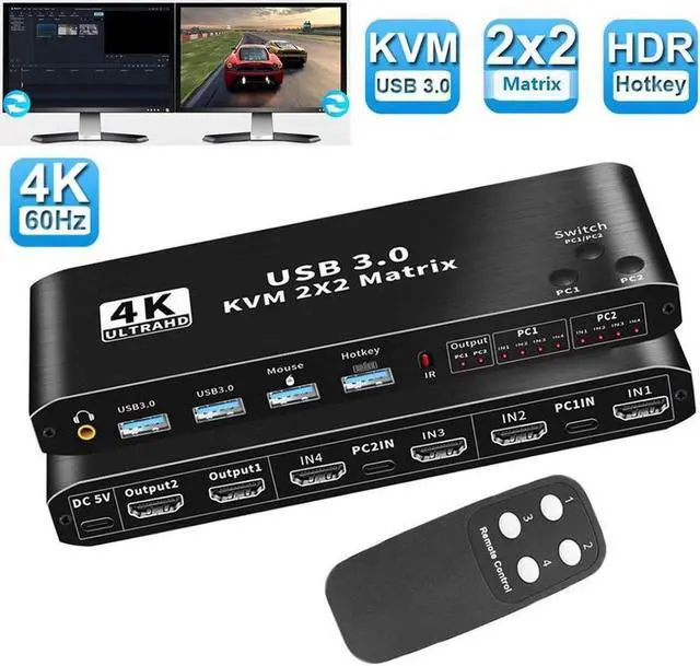 2x2 HDMI KVM Matrix Switch Dual Monitor HDMI + USB-C 4K 60Hz 2 in 2 Out KVM Switch 2 Monitors 2 Computers with Keyboard Mouse Output and 2 USB 3.0 Ports PC Monitor Keyboard Mouse Switcher