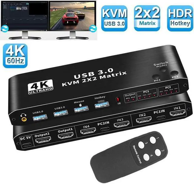 2x2 HDMI KVM Matrix Switch Dual Monitor HDMI + USB-C 4K 60Hz 2 in 2 Out KVM Switch 2 Monitors 2 Computers with Keyboard Mouse Output and 2 USB 3.0 Ports PC Monitor Keyboard Mouse Switcher