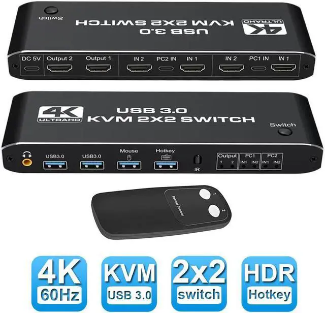 2x2 HDMI KVM Switch 2 Port 4K 60Hz 2 Computers Sharing Dual Monitor Keyboard Mouse Peripherals Selector Box