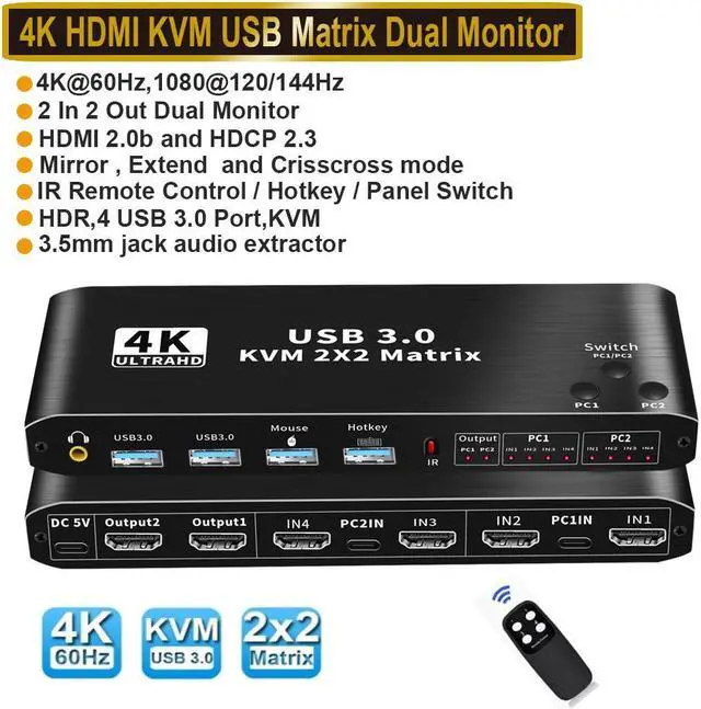 2x2 HDMI KVM Switch Matrix 4K Dual Monitor HDMI KVM Switch Extended Display USB KVM Switch 2 in 2 Out for 2 Computers 2 Monitors with 3.5mm Audio Support 4 USB 3.0 Share Keyboard Mouse with Hotkey