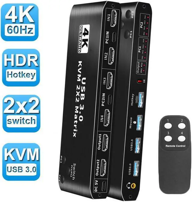 2X2 HDMI Matrix KVM Switch 4K 60Hz HDMI USB-C KVM Switch with 2 PCs Share Dual Monitor 1 Set of Keyboard Mouse 2 USB3.0 Hubs Compatible with Windows and Mac OS X