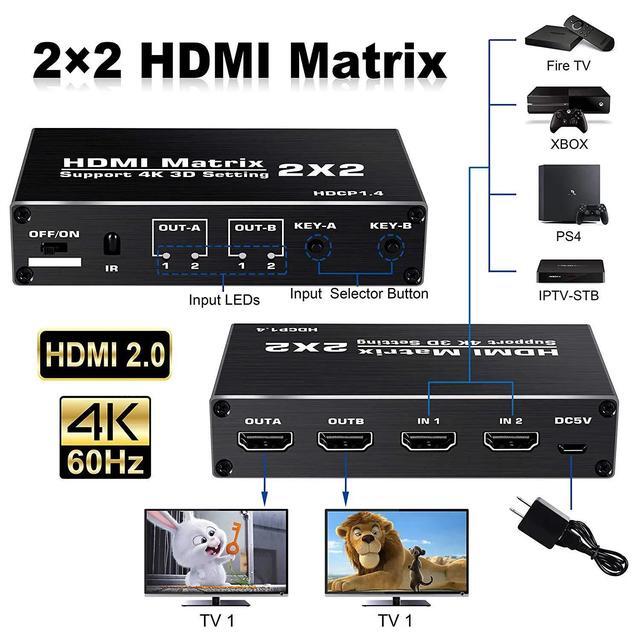 2x2 HDMI Matrix Switcher 4K 3D Matrix HDMI Switch Splitter 2 In 2 Out Video Audio Converter With IR Control For PS4 PC Laptop TV(USB Power Cable)