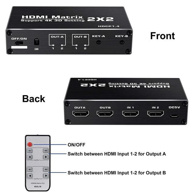 2x2 HDMI Matrix Switcher 4K 3D Matrix HDMI Switch Splitter 2 In 2 Out Video Audio Converter With IR Control For PS4 PC Laptop TV(USB Power Cable)