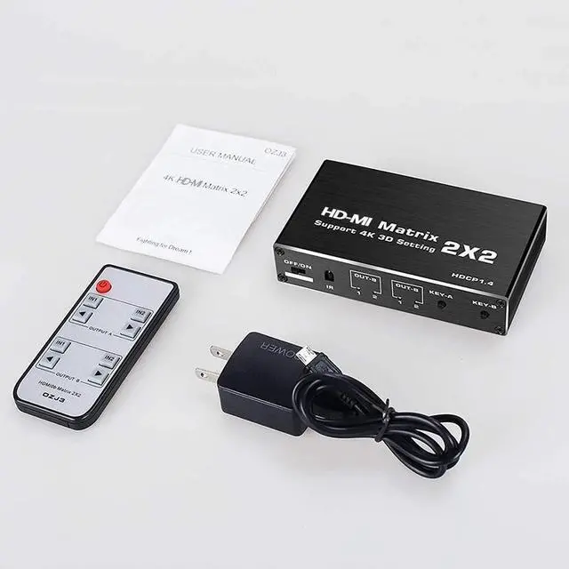 2x2 HDMI Matrix Switcher 4K 3D Matrix HDMI Switch Splitter 2 in 2 out Video Audio Converter with IR Control for PS4 PC Laptop TV(USB Power cable)