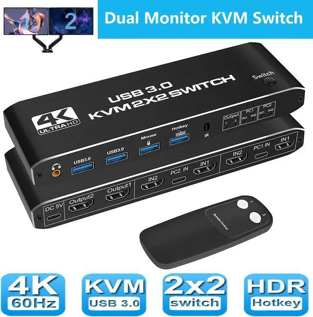 2x2 HDMI USB 3.0 KVM Switch 4K 60Hz 2 Port Dual Monitor HDMI KVM USB 3.0 Switch 2 in 2 Out with Audio 2x2 Mixed Display for 2 Computers Share 2 Monitors with USB 3.0 port Support Hotkey