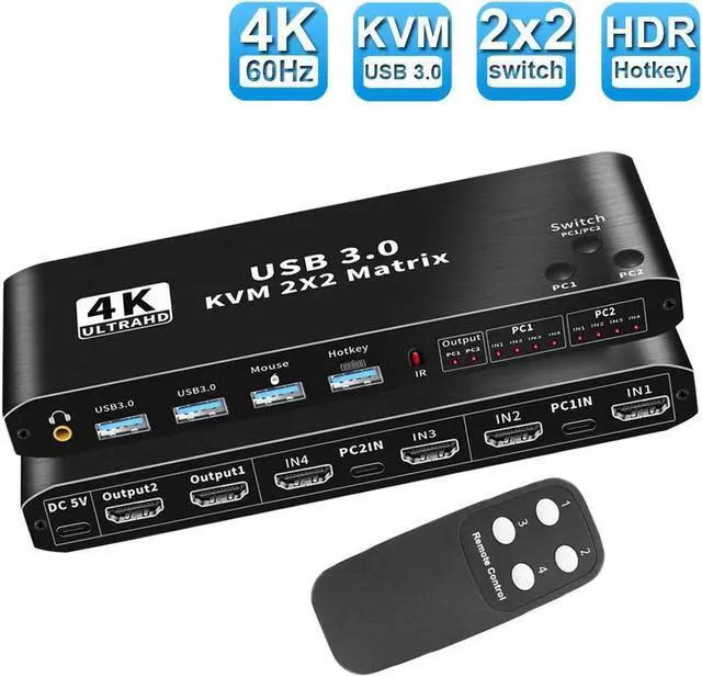 2X2 Matrix HDMI KVM Switch Dual Monitor HDMI + USB-C 4K 60Hz 2 in 2 Out KVM Switch 2 Monitors 2 Computers with Keyboard Mouse Output and 2 USB3.0 Ports PC Monitor Keyboard Mouse Switcher
