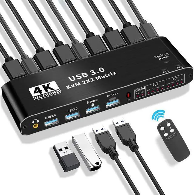 2X2 Matrix HDMI2.0b KVM Switch HDMI and USB Switcher 2 in 2 Out Switches for 2 Computers Share Keyboard Mouse Printer and 2 Monitor Support Full HD 4K 60Hz with One Button Switch