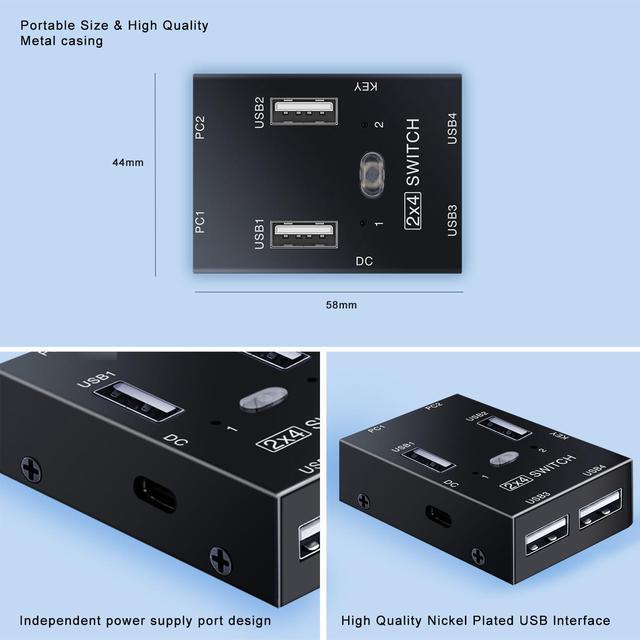 2x4 USB 2.0 Switch For 2 PCs USB Switch 2 In 4 Out USB KVM Switch For PC Printer Scanner Keyboard USB 2.o Switch For 2 Computers Share 4 USB Devices