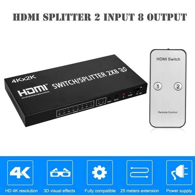 2x8 HDMI Switcher Splitter 4K HDMI Splitter 1 To 8 Screen Mirror Video Selector 2x4 Converter With Remote For HDTV PC Projector(AU Plug) (V2.0 2x4)