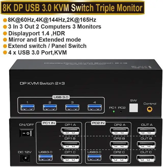 3 Monitors 2 Computers 3 Displayport Monitors KVM Switch 8K 60Hz EDID Digital Display and Aluminum Shell 4 X USB 3.0 Hub Support Extended & Duplicate Mode