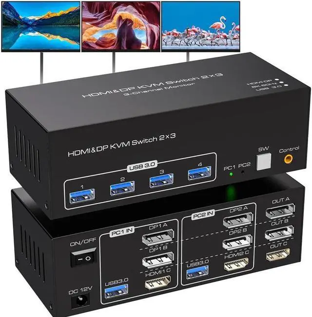 3 Monitors 2 Computers HDMI+2 Displayport Monitors KVM Switch 8K 60Hz Digital Display and Aluminum Shell 4 X USB 3.0 Hub Support Extended & Duplicate Mode