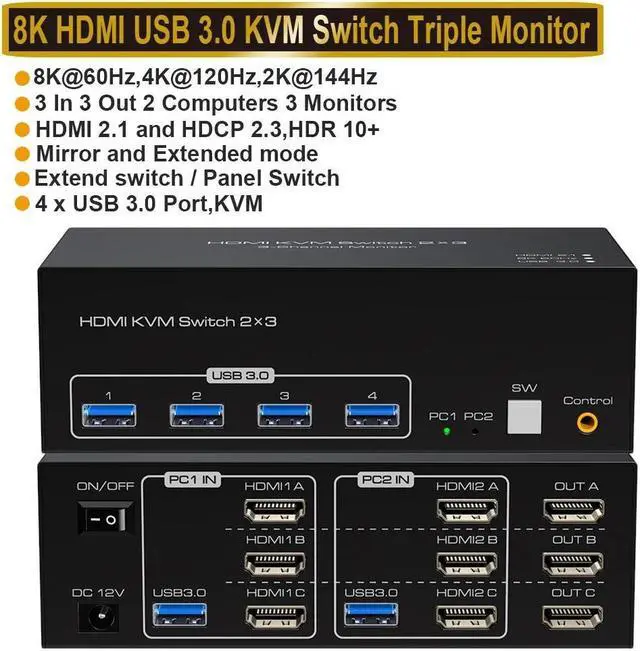 3 Port HDMI Triple Monitor KVM Switch HDMI2.1 Support 8K 60Hz USB 3.0 HDMI KVM Switch 3 Monitors 2 Computers with Cables Digital Display Wired Remote