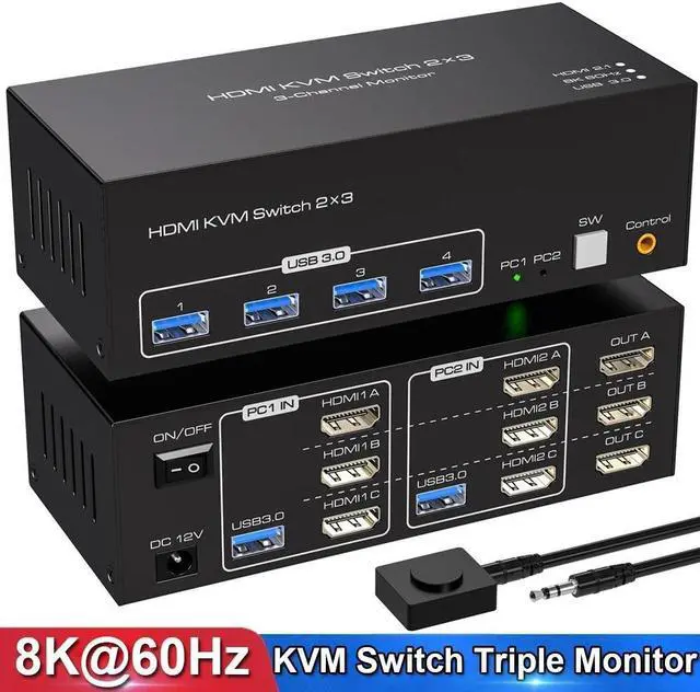 3port HDMI Triple Monitor KVM Switch 3 Monitors 2 Computers 8K 60Hz USB 3.0 KVM Switches for 2 PC or Laptops Share 1 Set of Keyboard Mouse Printer and Scanner Support Extended & Duplicate Mode