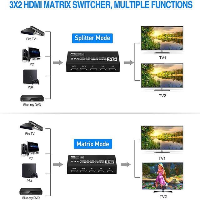 3x2 HDMI Matrix Switcher Audio Extractor 4K 60Hz HDMI Switch Splitter 3 In 2 Out With SPDIF 3.5mm Audio Scaling Out HDR HDCP2.2(USB Power Cable)