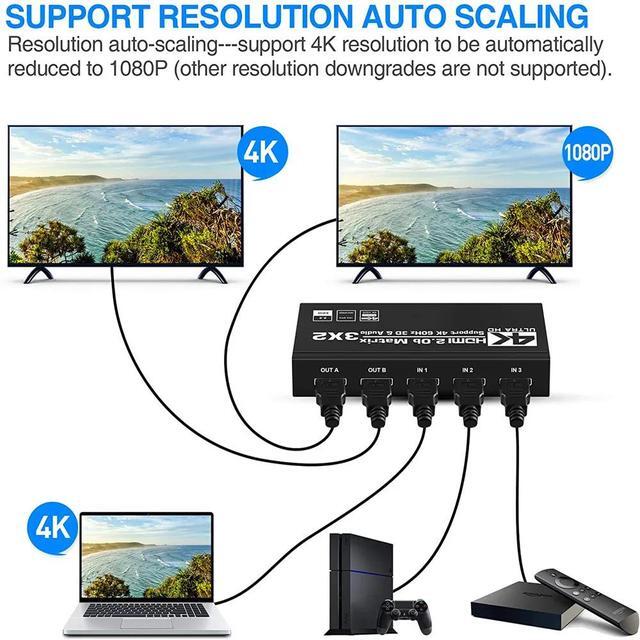 3x2 HDMI Matrix Switcher Audio Extractor 4K 60Hz HDMI Switch Splitter 3 In 2 Out With SPDIF 3.5mm Audio Scaling Out HDR HDCP2.2(USB Power Cable)