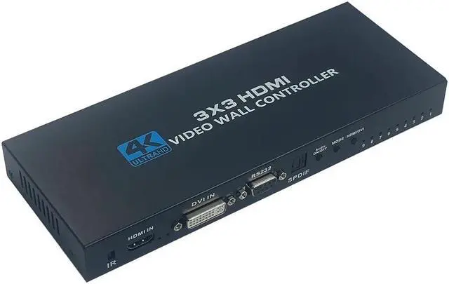 3X3 Video Wall Controller 4K HDMI DVI TV Wall Controller Processor 3x3 2x3 2x4 4x2 LCD 9 Screen Splicing Splicer Box with RS232(UK plug)