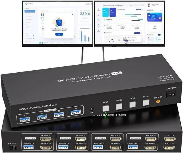4 Computers 2 Monitors HDMI KVM Switch 8K 60Hz EDID Digital Display and Aluminum Shell 4 X USB 3.0 Hub Support Extended & Duplicate Mode