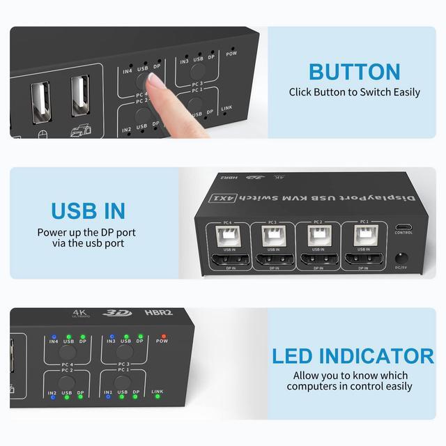 4 In 1 Out DisplayPort KVM Switch 4x1 4 Port 4K 60Hz USB And DP Switch For 4 Computers Share Keyboard Mouse Printer Monitor For Laptop PC With 4X USB Cable 1x Switch Button Cable 1x Power Cable